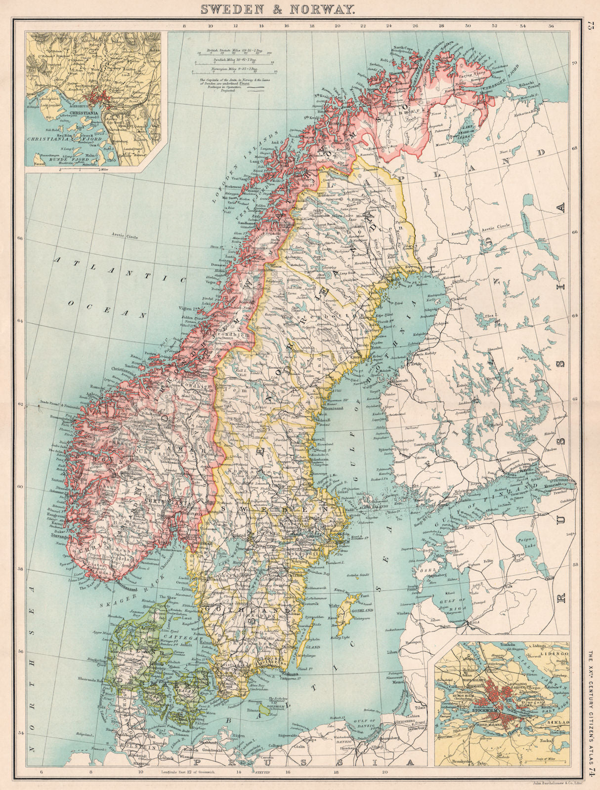 SCANDINAVIA.Sweden Norway & Denmark;Inset Christiania(Oslo);Stockholm 1901 map